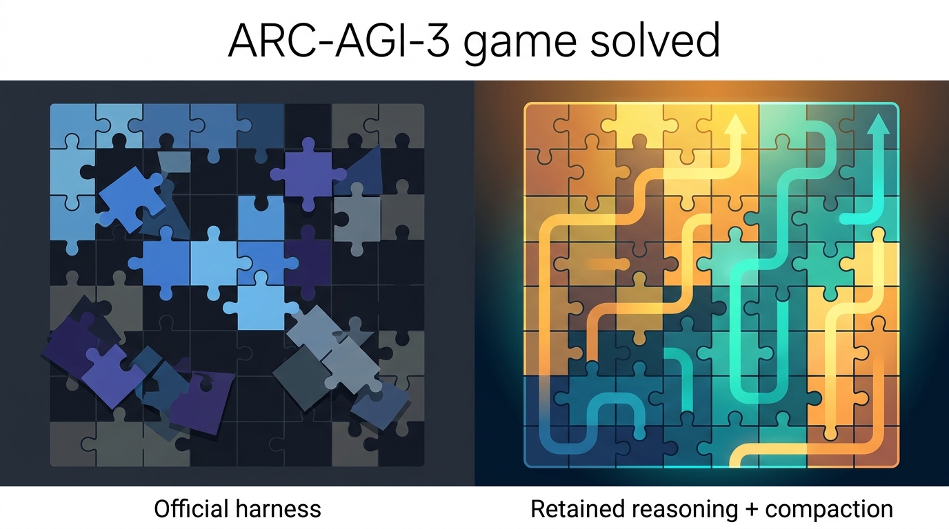 OpenAI ka sped-up video comparison showing GPT-5.6 Sol solving all six levels of one ARC-AGI-3 game with retained reasoning vs failing beyond level one on official harness.